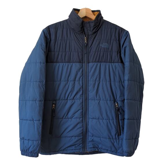 The North Face Reversible XL 18 20 Boys Jacket Sherpa Winter Blue Brown Puffer
